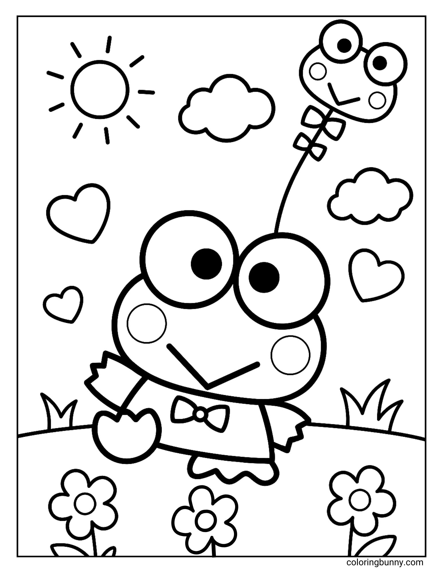 Coloring sheet of Sanrio’s Keroppi happily flying a frog-shaped kite on a sunny day with flowers, hearts, and fluffy clouds around him.