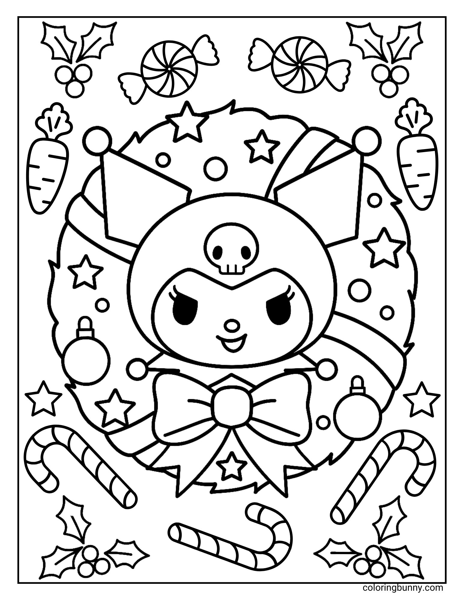Kuromi Christmas coloring sheet of Sanrio’s Kuromi inside a Christmas wreath decorated with stars, ornaments, and a bow, surrounded by candy canes, holly, carrots, and candy.
