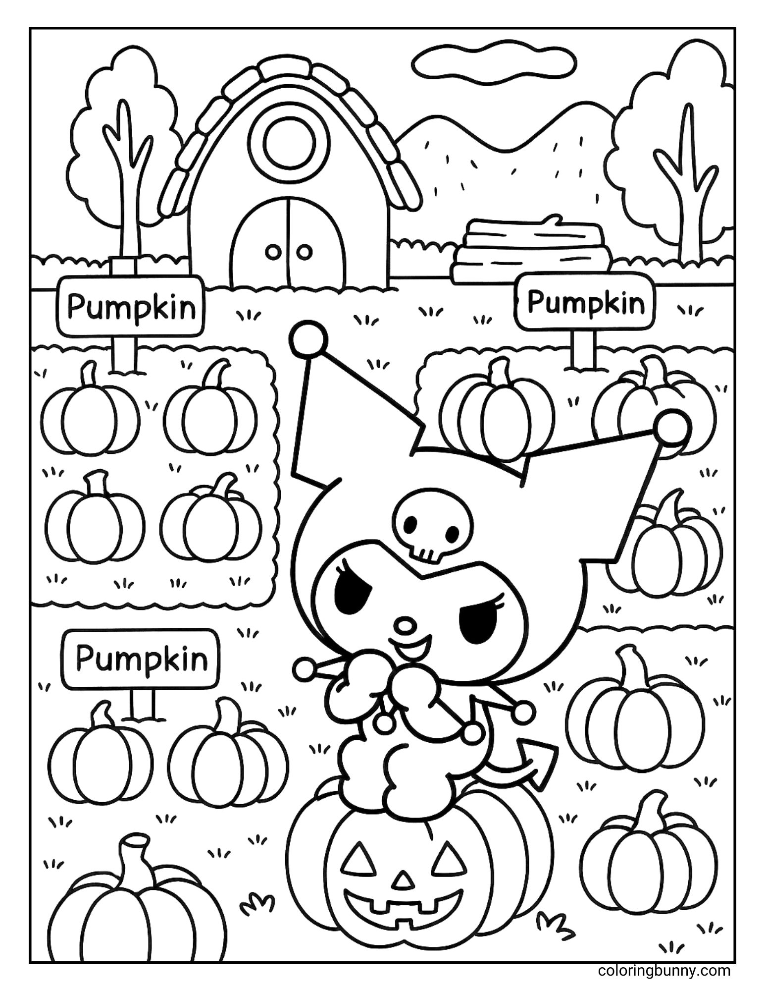Coloring page of Sanrio’s Kuromi sitting on a carved pumpkin in a pumpkin patch with many pumpkins, farm signs, a house, trees, and mountains in the background.