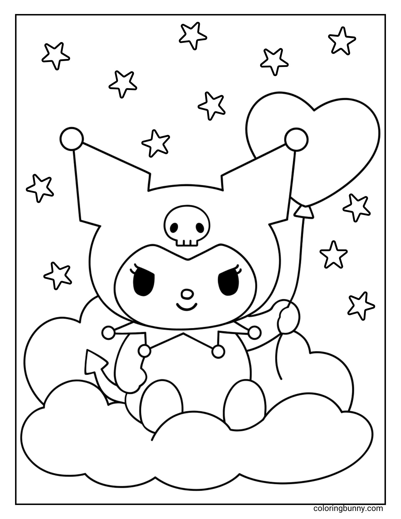 A Kuromi coloring page featuring the mischievous Sanrio character sitting on a big fluffy cloud. She’s wearing her jester hat with a skull on it, holding a large heart-shaped balloon while stars twinkle all around.