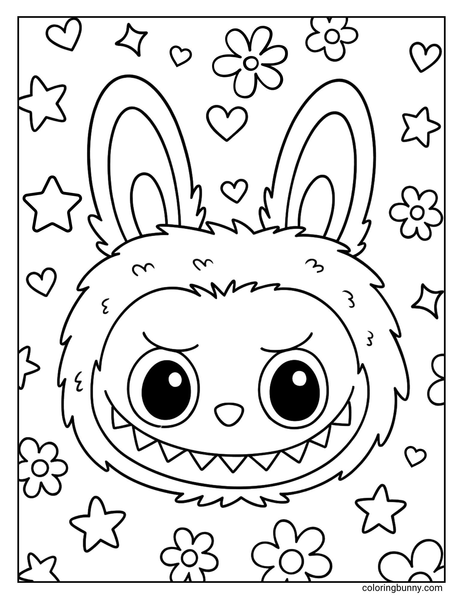 A black and white Labubu coloring page showing just the head of the character with a background pattern of stars, hearts, and flowers.