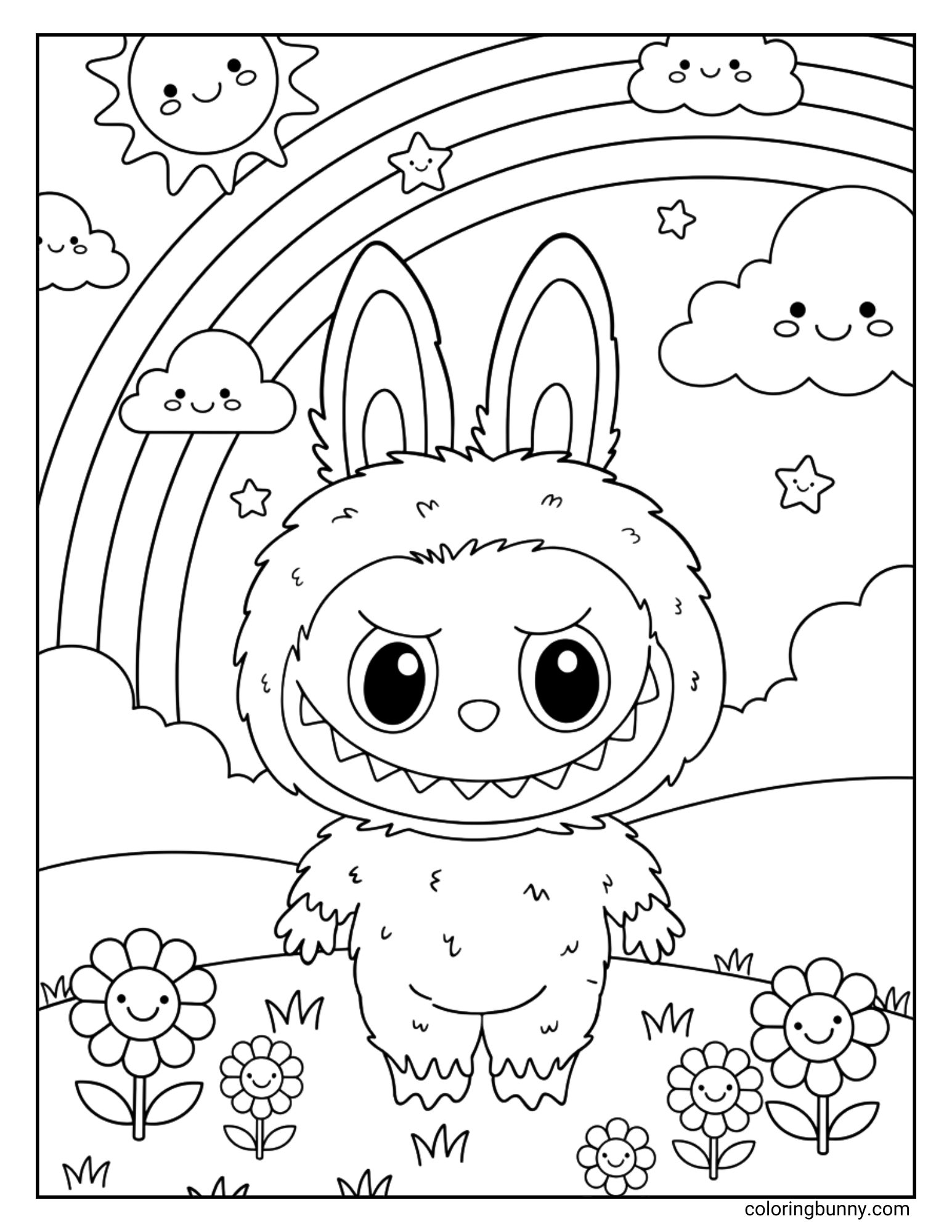 A black and white Labubu coloring page showing Labubu standing in a field with smiling flowers, clouds, a rainbow, and the sun.