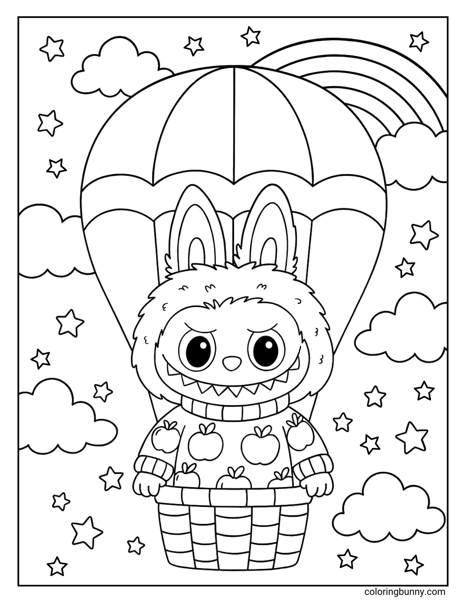 A black and white Labubu coloring page showing Labubu in a hot air balloon basket, floating among stars, clouds, and a rainbow.