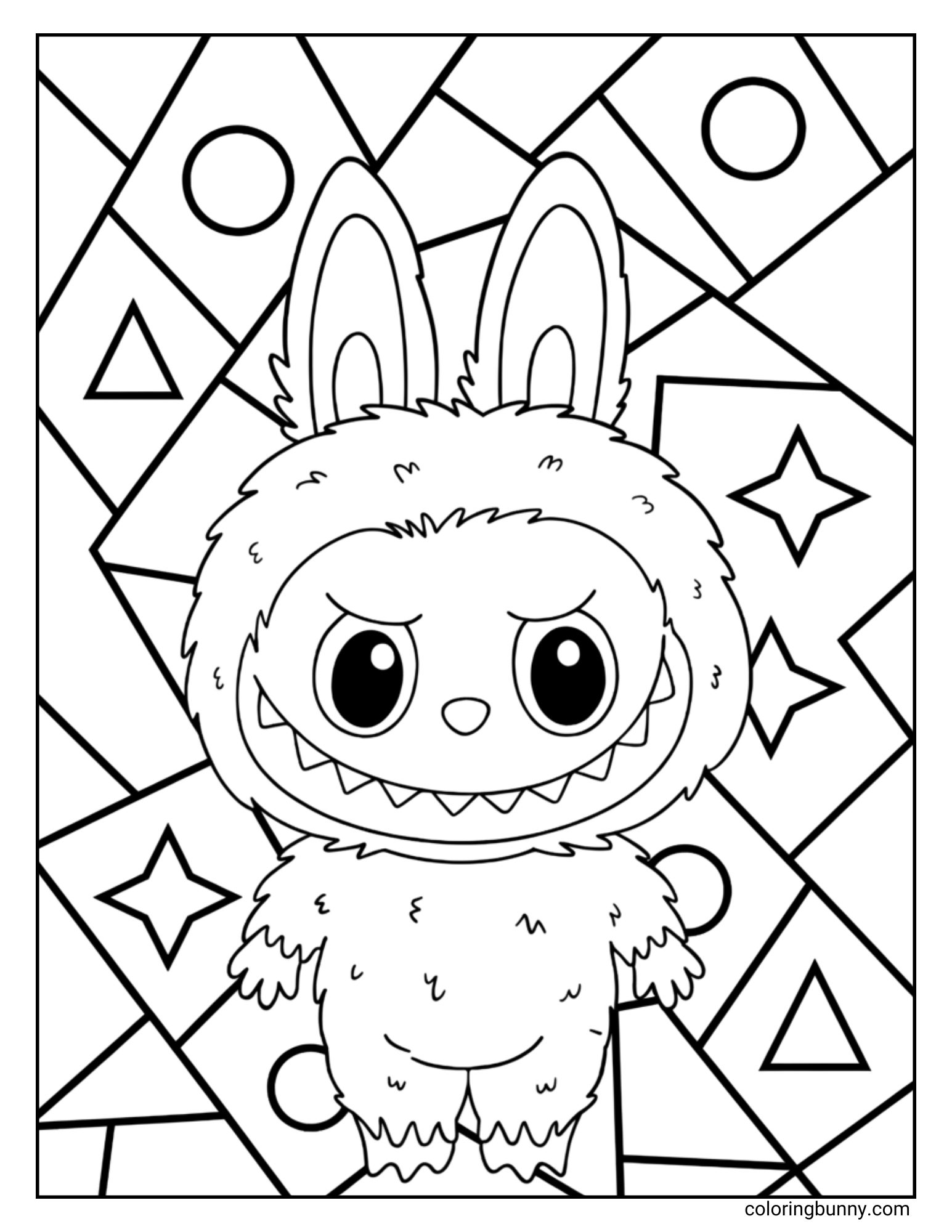 A black and white Labubu coloring page showing Labubu standing in front of a geometric background with triangles, circles, and stars.