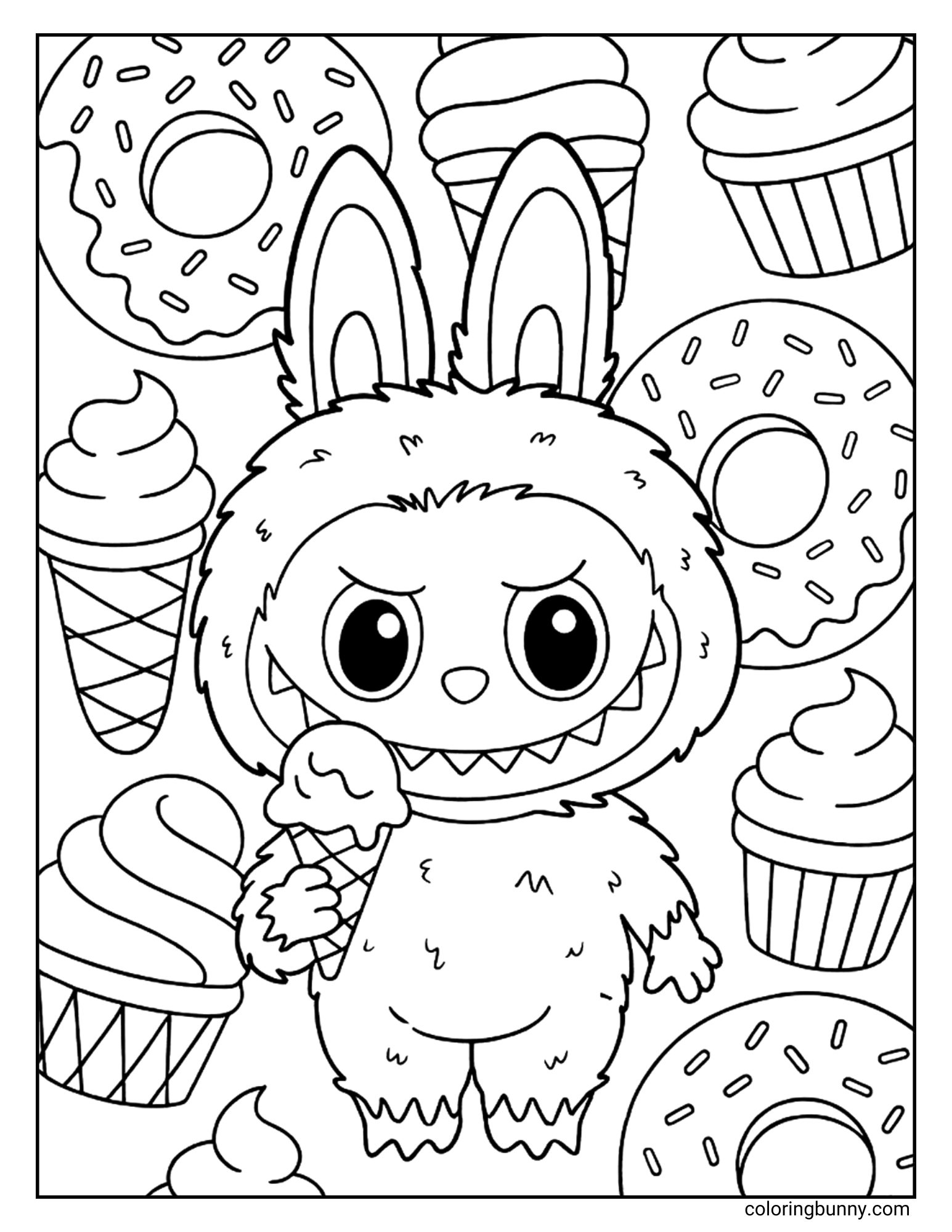 A black and white Labubu coloring page showing Labubu holding an ice cream cone and surrounded by cupcakes and doughnuts.