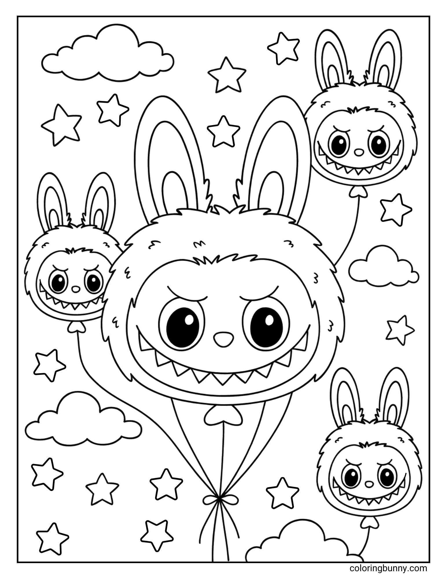A black and white Labubu coloring page showing one large Labubu head balloon and three smaller Labubu head balloons, floating near clouds and stars.
