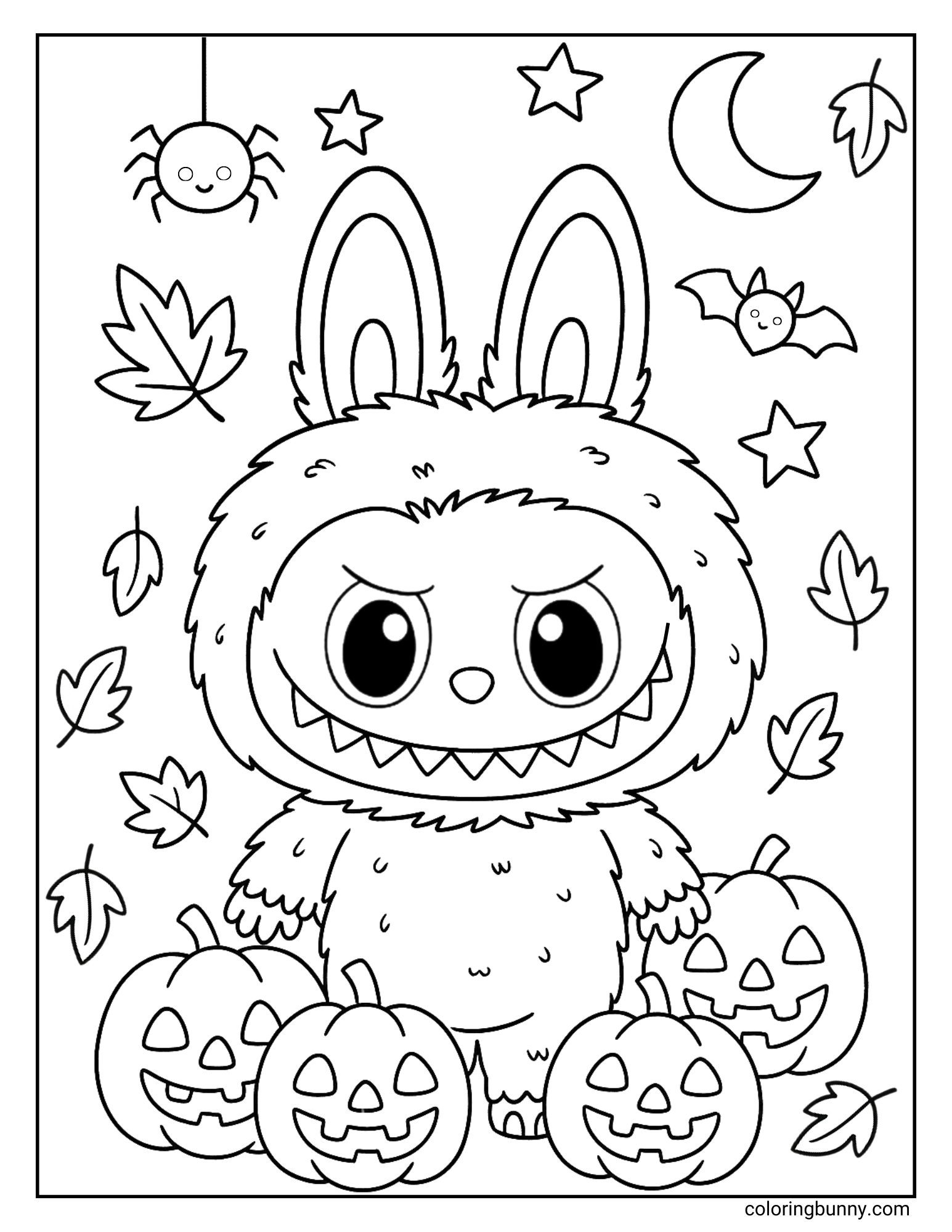 A black and white Labubu coloring page showing Labubu surrounded by pumpkins, autumn leaves, a spider, a bat, and a crescent moon.