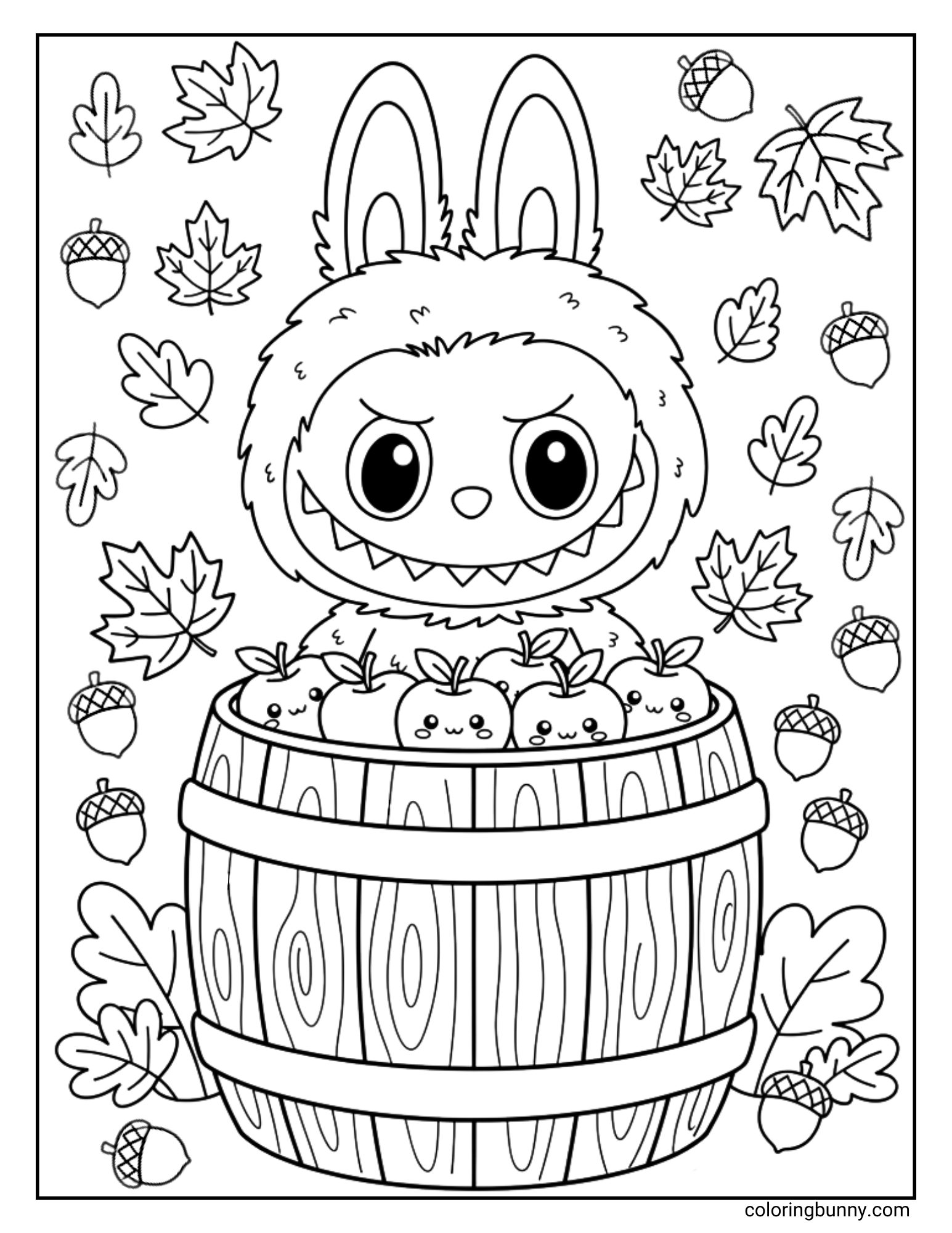 A fun coloring page of the character Labubu, a mischievous monster with long ears and a toothy grin, sitting inside a wooden barrel. The barrel is full of happy, smiling kawaii-style apples, and the entire background is a pattern of autumn leaves and acorns.