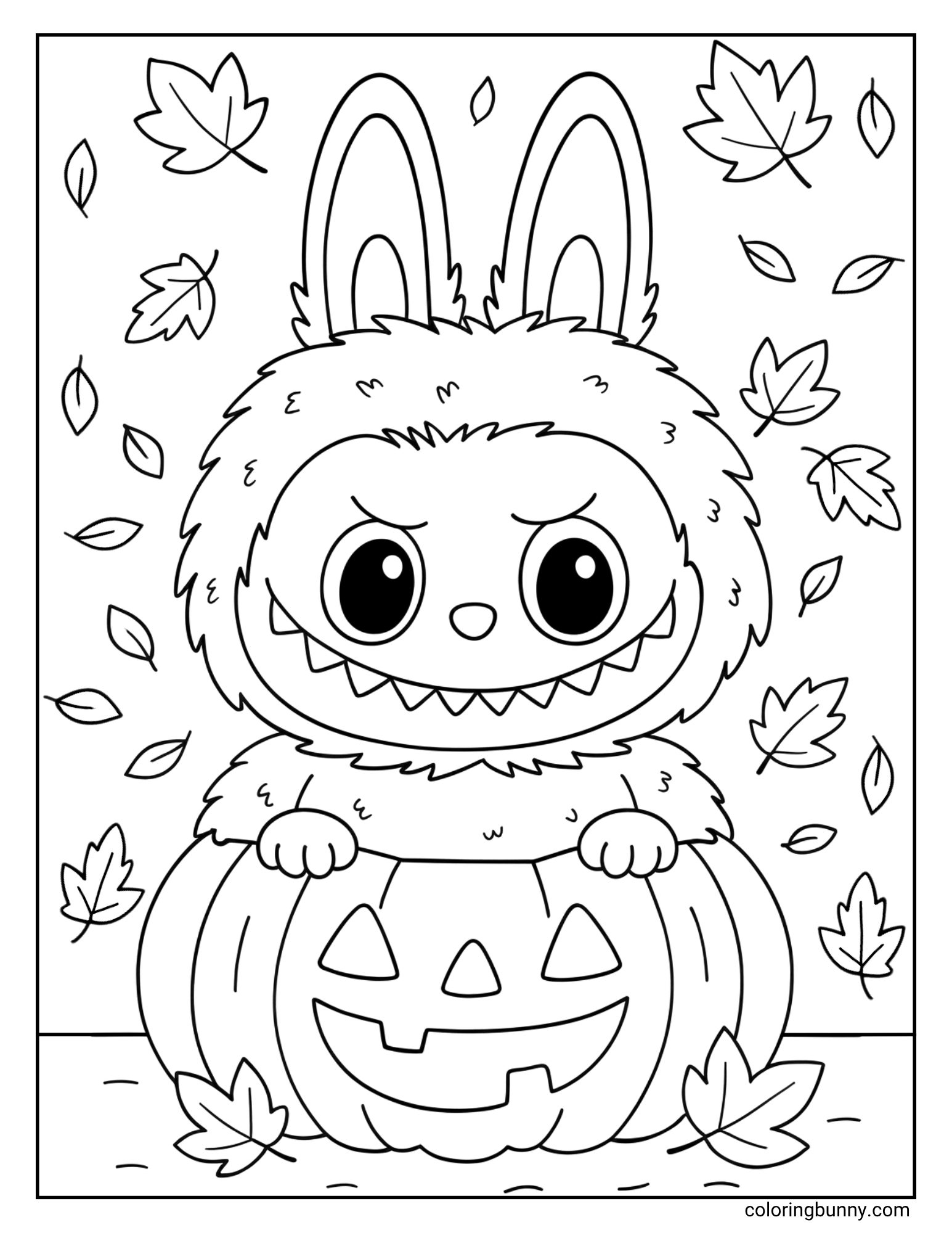 A fun Halloween coloring page of the monster Labubu playing hide-and-seek. He is peeking out from behind a large, carved jack-o'-lantern with a grumpy look on his face, while autumn leaves fall all around him.