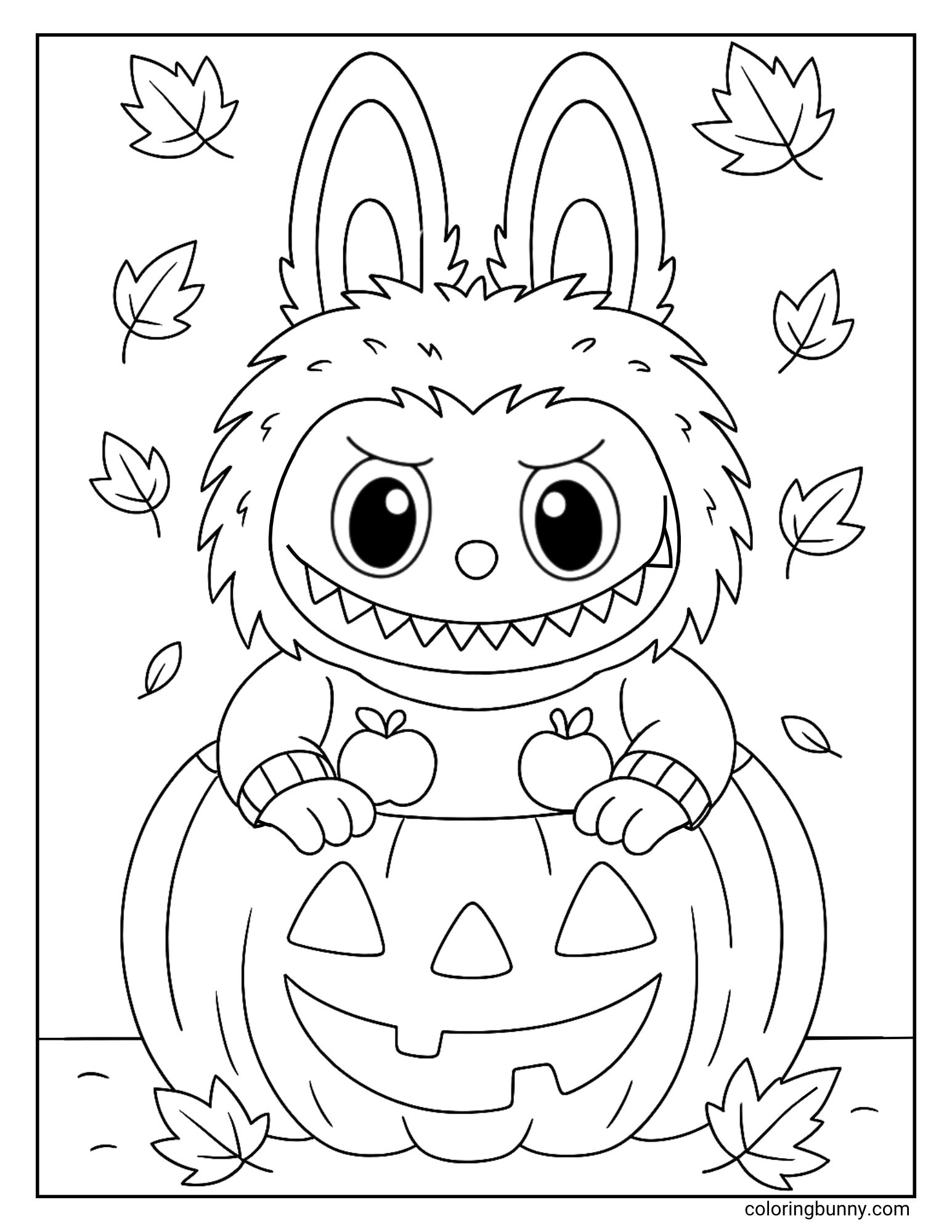 Cute Labubu character inside a big jack-o-lantern pumpkin with a smiling face, surrounded by falling autumn leaves in a festive Halloween scene, coloring page.