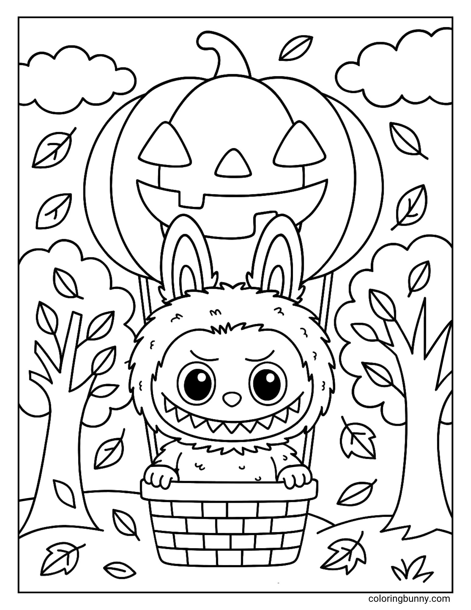 A wonderfully imaginative coloring page of the monster Labubu flying in a hot air balloon. The balloon is shaped like a giant, smiling jack-o'-lantern, and Labubu is peeking out of the basket with a determined expression as he flies over a forest of autumn trees.