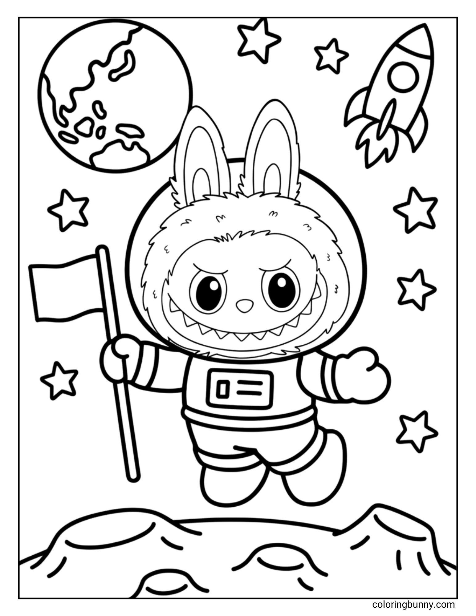 A black and white Labubu coloring page showing Labubu as an astronaut on the moon, holding a flag with a rocket ship, stars, and the planet Earth in the background.