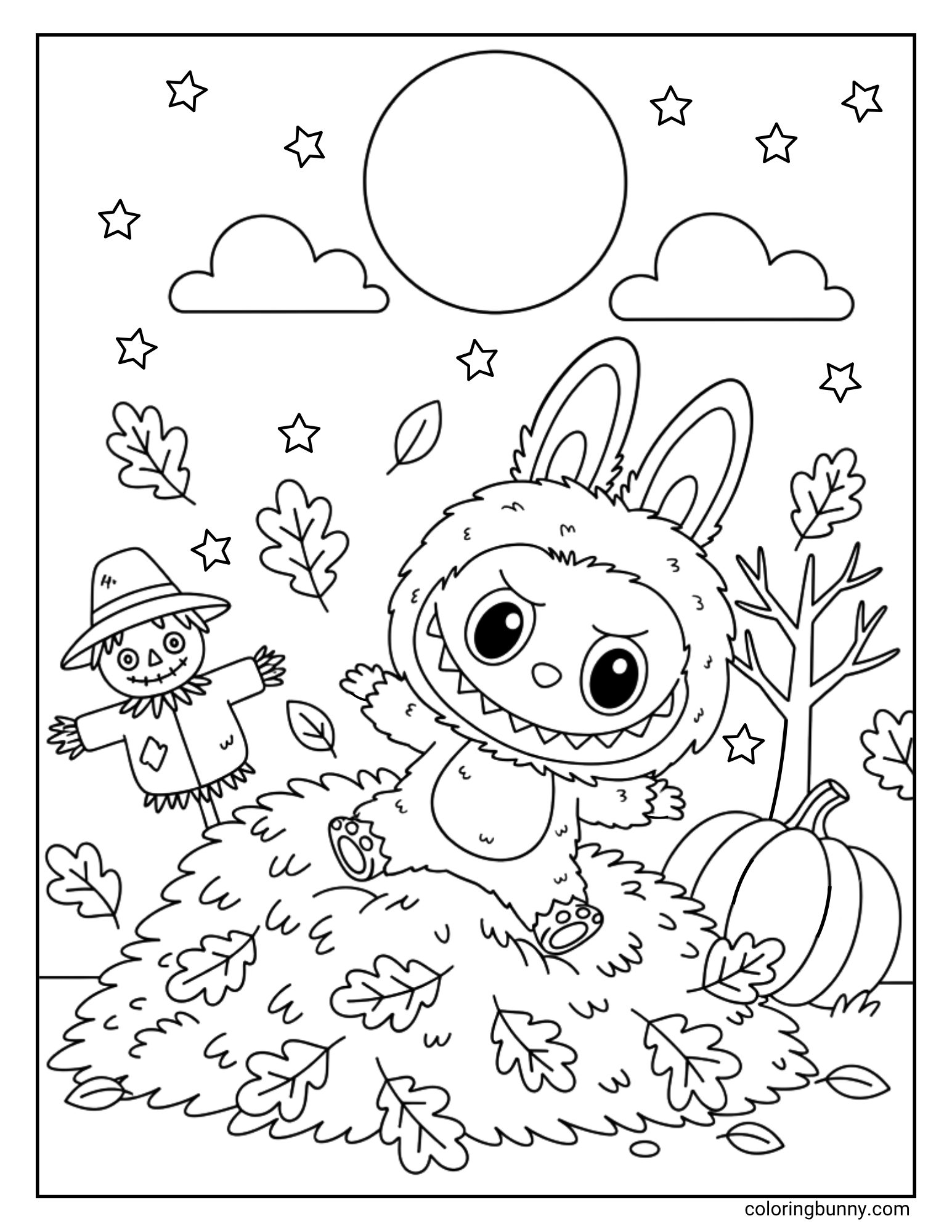 An energetic Fall coloring sheet showing the monster character Labubu joyfully jumping into a large pile of leaves. In the background, a friendly scarecrow and a large pumpkin watch the fun under a full moon and starry sky.