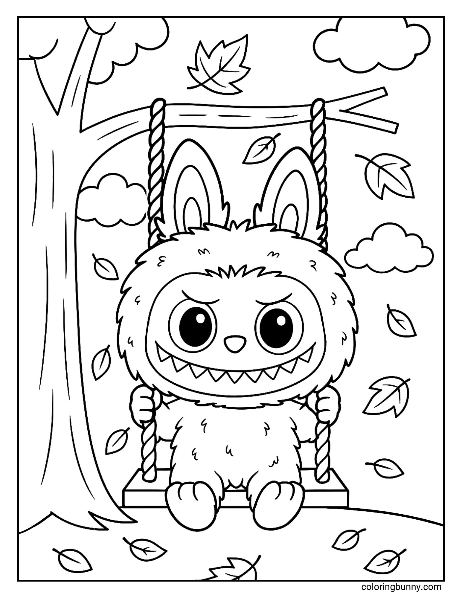 A black and white Labubu coloring page showing Labubu on a tree swing with autumn leaves falling around him.