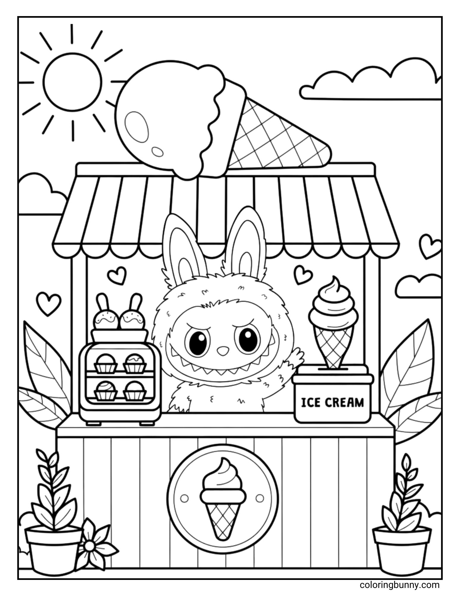 A black and white Labubu coloring page showing Labubu behind an ice cream stand with a giant ice cream cone on top and a sign that reads "ICE CREAM."