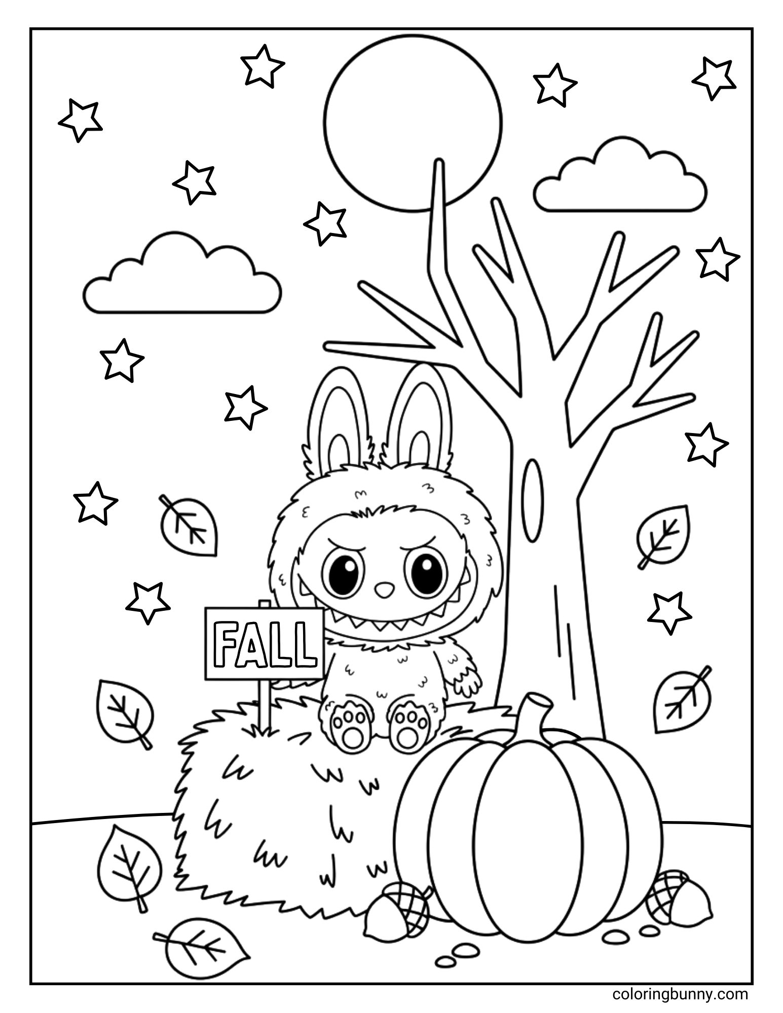 A cute coloring page of the grumpy monster Labubu sitting on a hay bale on a starry autumn night. Next to him is a large pumpkin and a sign that says 'FALL', with a spooky tree and a full moon in the background.