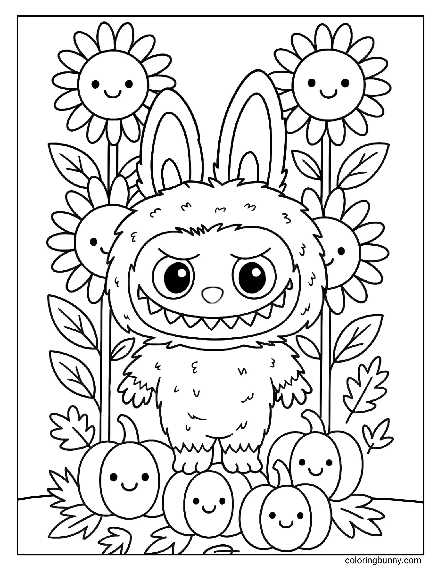 A black and white Labubu coloring page showing Labubu standing behind a group of pumpkins, surrounded by sunflowers and autumn leaves.