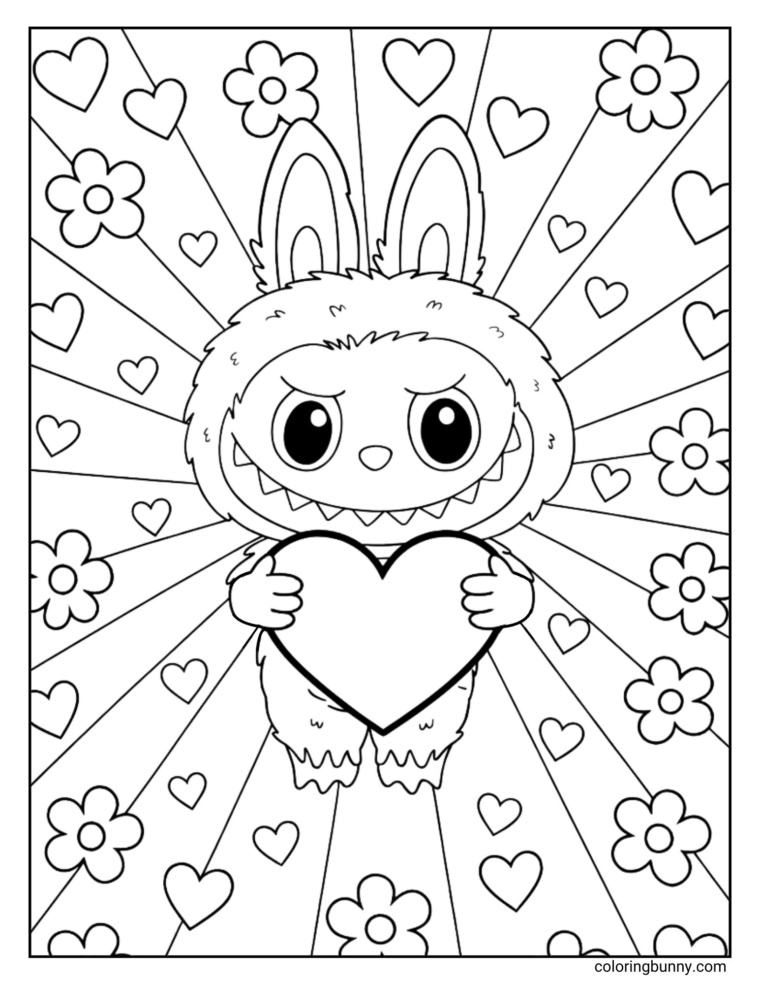 A black and white Labubu coloring page showing Labubu holding a large heart, with a radiating background of hearts and flowers.