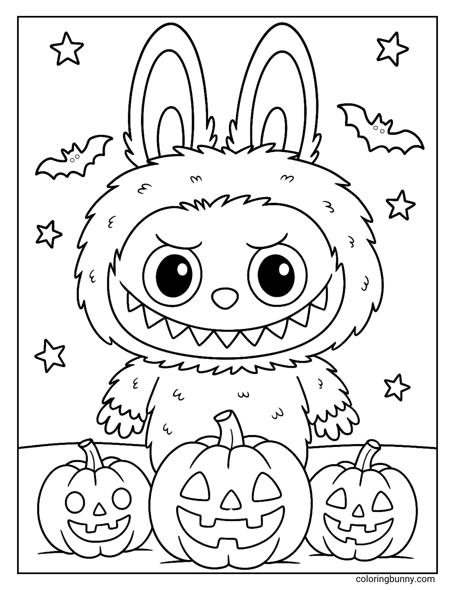 A black and white Labubu coloring page showing Labubu standing behind three carved pumpkins with stars and bats flying above.