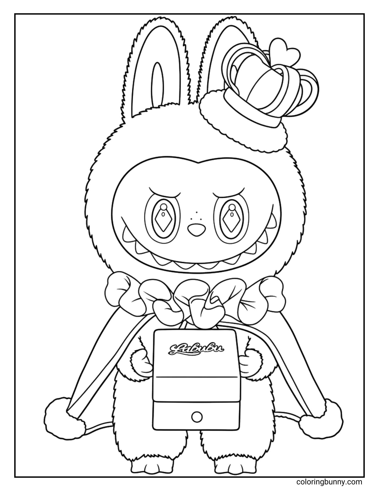 Lets Checkmate Labubu coloring page showing Labubu as a king with a crown and a cape, holding a chessboard with the word "Labubu" on it.