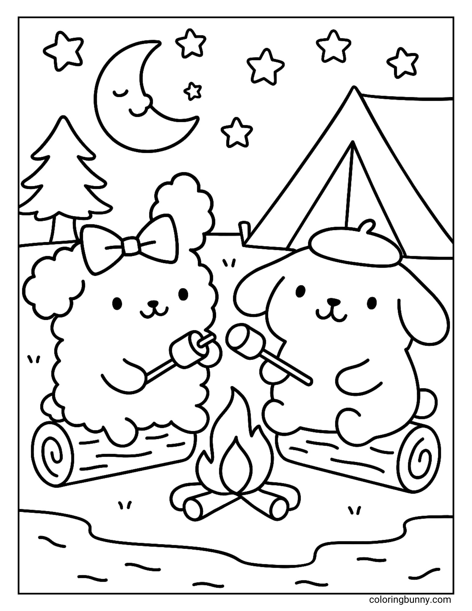 An adorable coloring page of Sanrio characters Macaroon and Pompompurin camping together at night. They sit on logs by a cheerful campfire, roasting marshmallows under a starry sky with a crescent moon. A tent and pine tree stand behind them, creating a sweet outdoor scene.