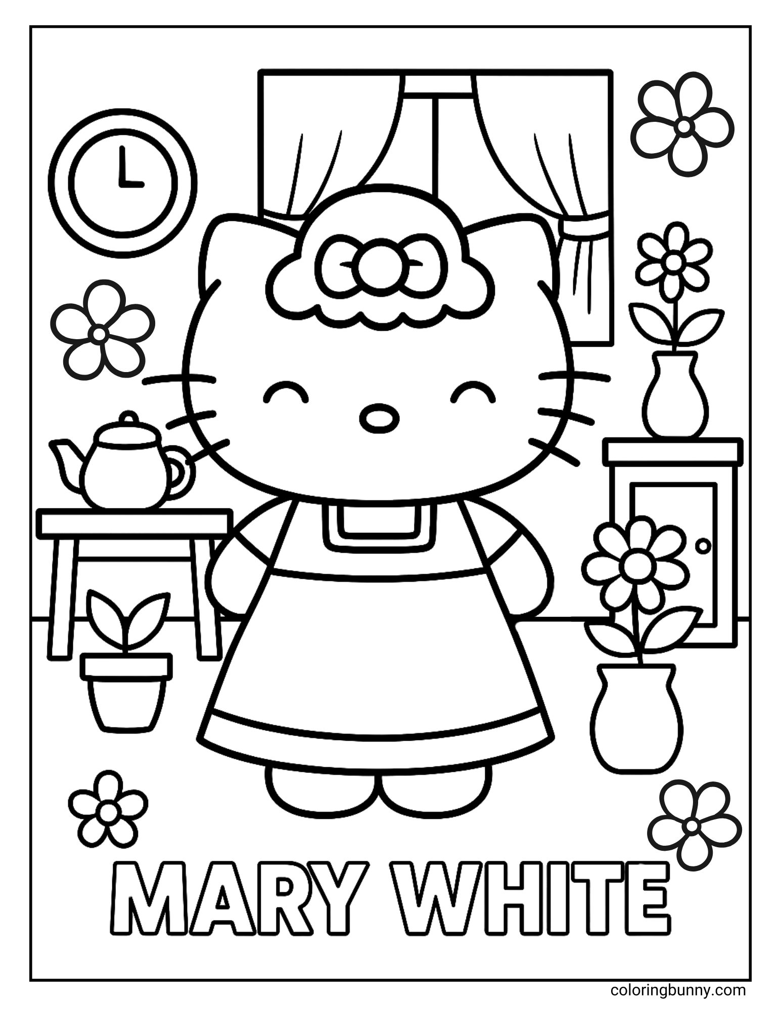 Sanrio coloring page featuring Mary White standing in her home with a bow on her head and a neat dress. She is surrounded by potted flowers, a teapot, and a clock, with a window and curtains behind her. The scene feels warm, homely, and inviting, perfect for kids to enjoy coloring.