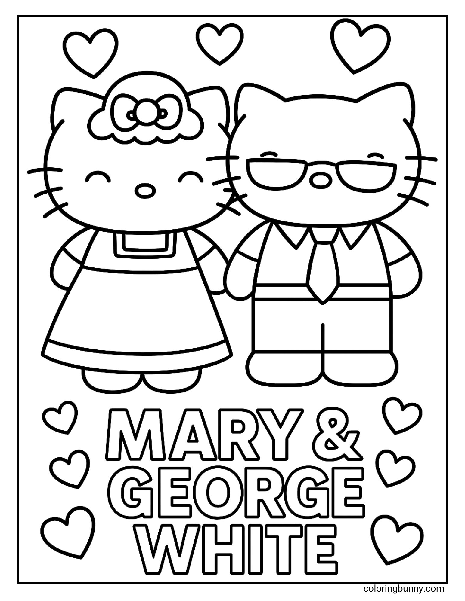 Hello Kitty coloring page featuring Mary and George White standing together. Mary wears a dress with a bow on her head, while George is dressed in a tie and glasses. Hearts surround the couple, symbolizing their love and kindness.