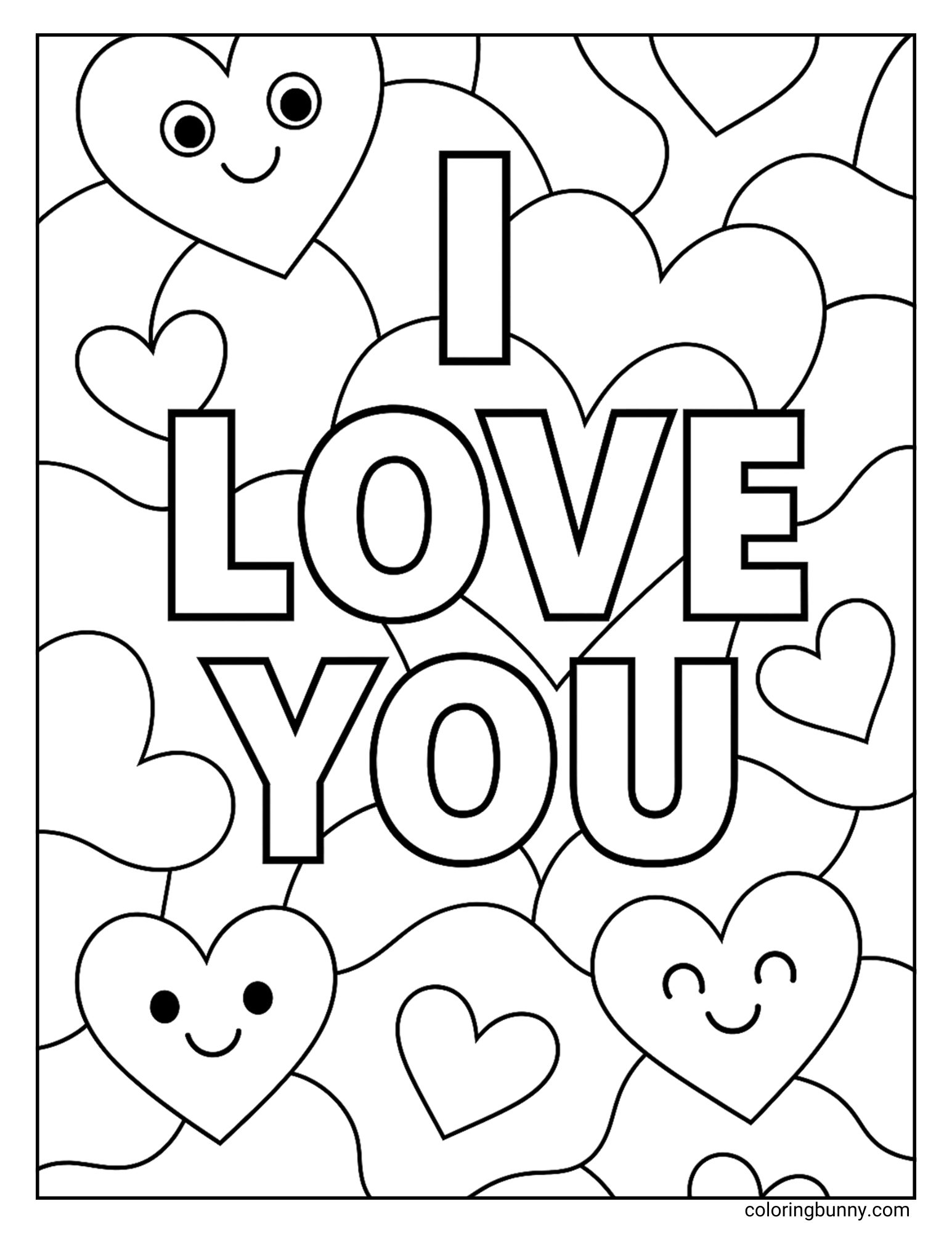 An I Love You themed coloring page with the large words I LOVE YOU in the center. The background is a mosaic of hearts, with some of the hearts having happy faces.