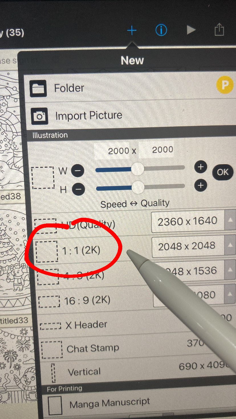 Opening a square 1:1 canvas on my iPad drawing app at 2048×2048 pixels