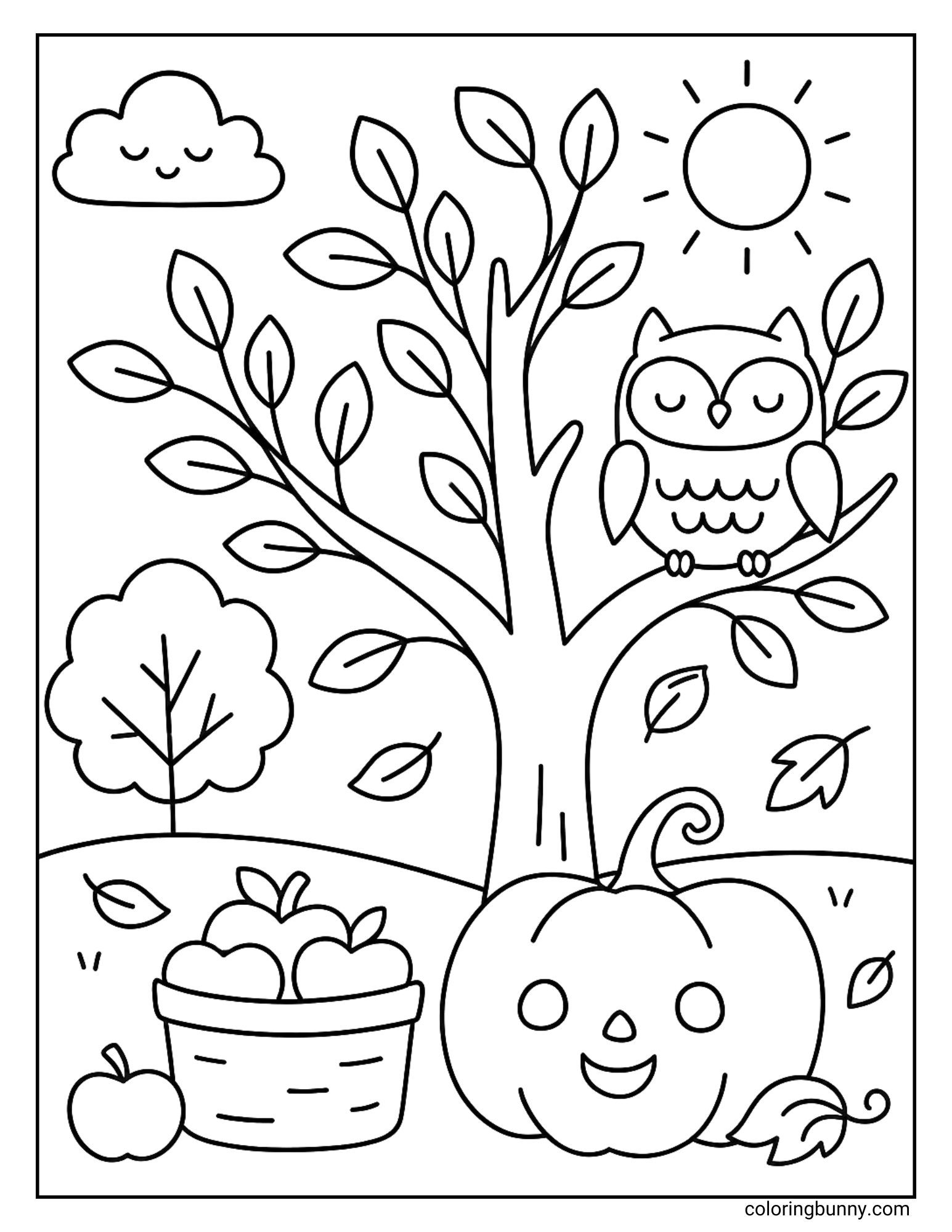 A fall coloring page showing an owl perched on a tree branch, a smiling pumpkin on the ground, and a basket of apples nearby. The page also includes the sun, clouds, and falling leaves, giving kids plenty of fun details to color.