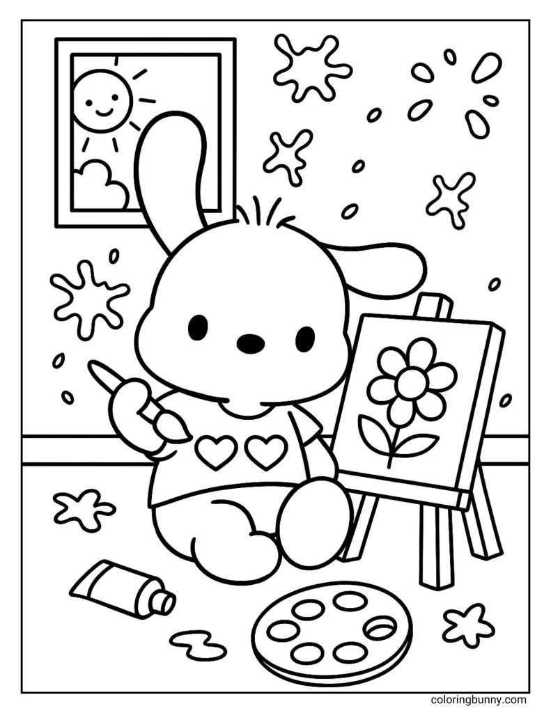 Pochacco coloring page of Pochacco painting a flower on an easel, with paint splatters, a palette, a paint tube, and a sunny window in the background.