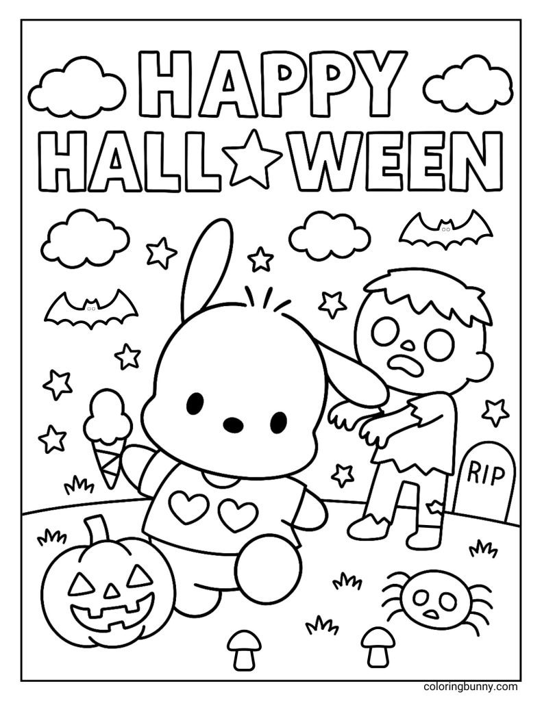 A Halloween Pochacco coloring page showing the Sanrio pup enjoying an ice cream cone while sitting beside a jack-o’-lantern. Behind him, a playful zombie wanders near a tombstone marked “RIP,” bats flap in the sky, and a funny spider crawls nearby.