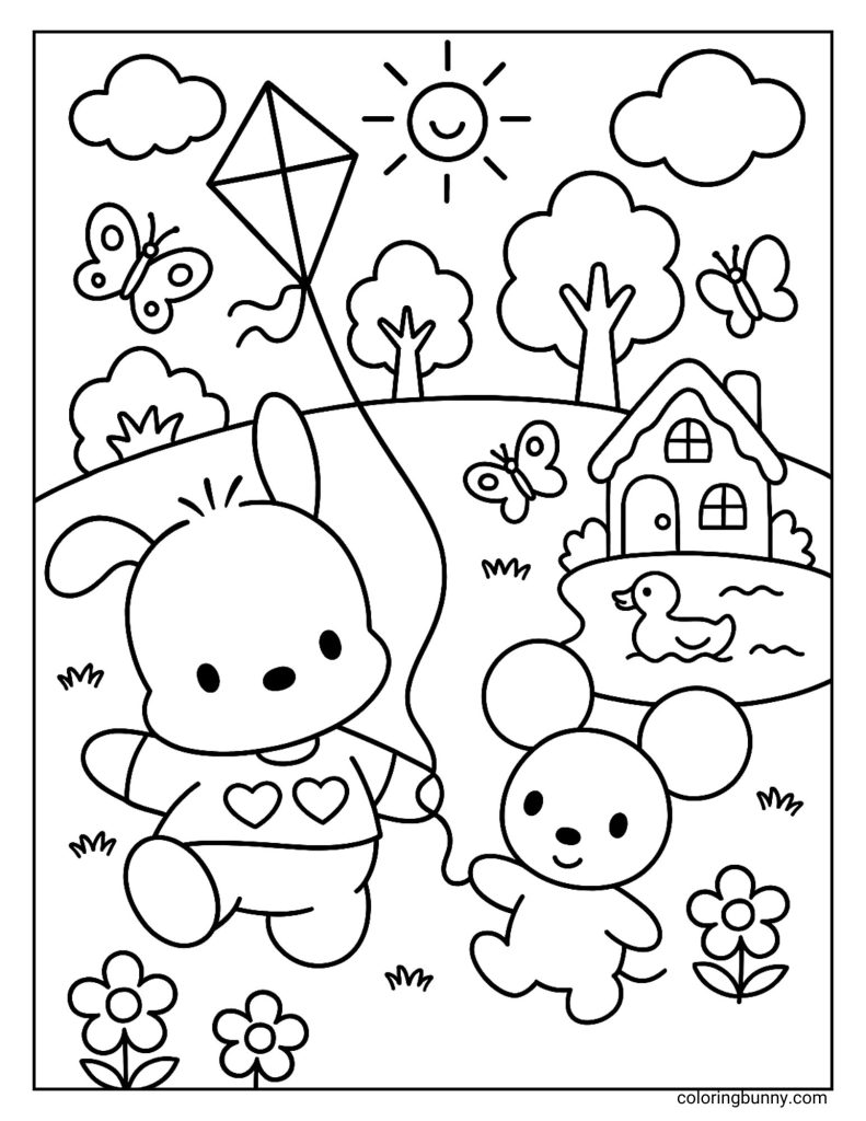 Pochacco and Choppy coloring page featuring the Sanrio puppy holding hands with his mouse friend as they fly a kite in a bright meadow. The scene includes butterflies, flowers, trees, a smiling sun, and a little house with a duck swimming in the pond.