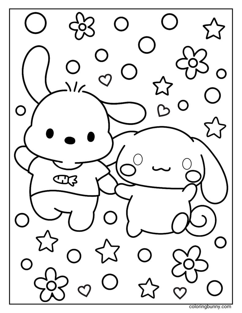 A Sanrio coloring page featuring Pochacco and Cinnamoroll holding hands. The background is filled with stars, hearts, circles, and flowers, creating a playful and cheerful design.