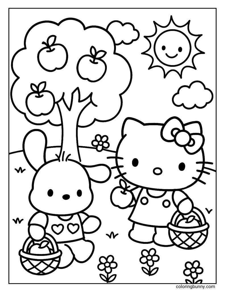 Sanrio coloring page of Pochacco and Hello Kitty standing under an apple tree with baskets, picking apples while the sun shines and flowers bloom around them.