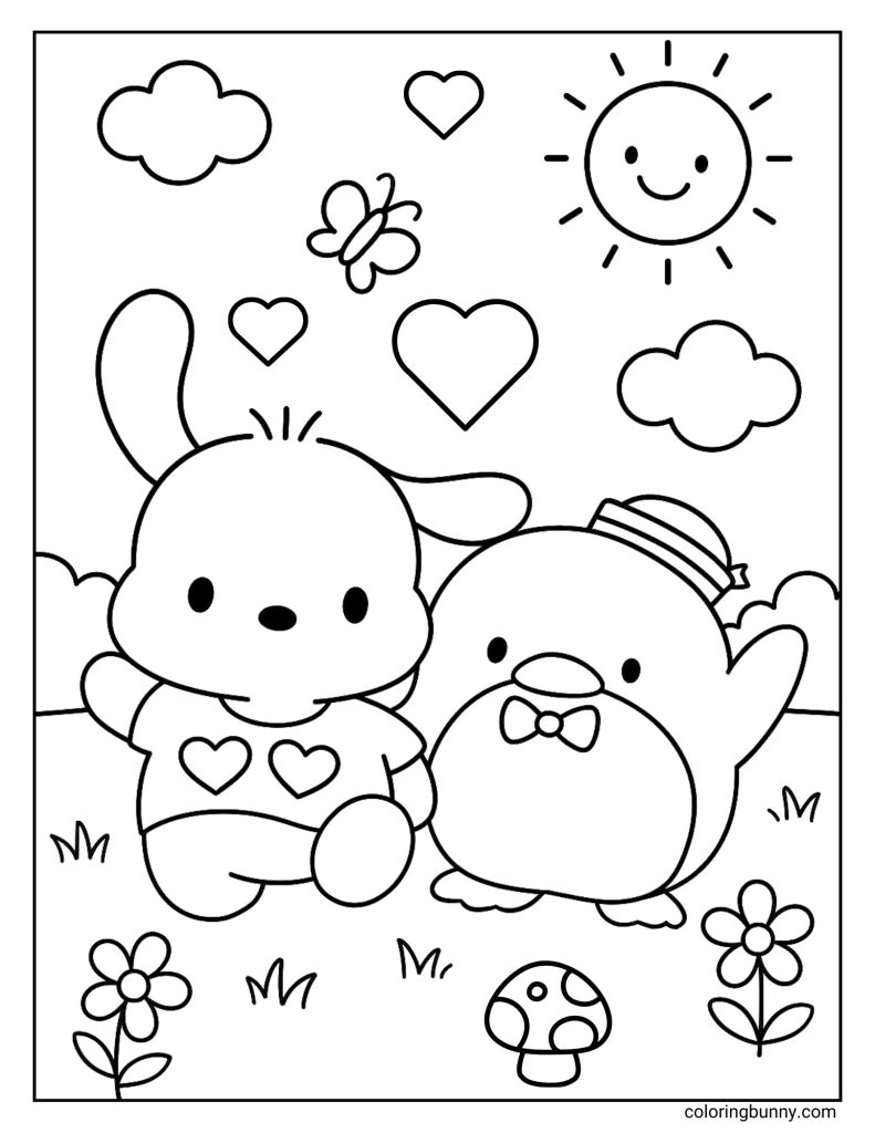 Sanrio coloring page of Pochacco and Tuxedosam sitting together, with a smiling sun, hearts, and a butterfly in the background.