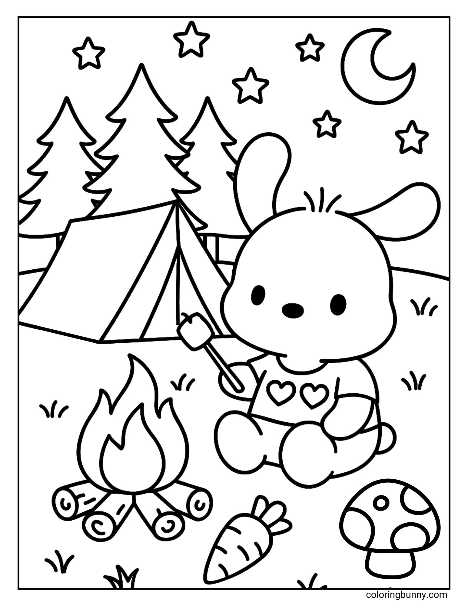 Coloring page of Sanrio’s Pochacco sitting by a campfire with a marshmallow on a stick, a tent in the background, pine trees, a crescent moon, stars, a carrot, and a mushroom.