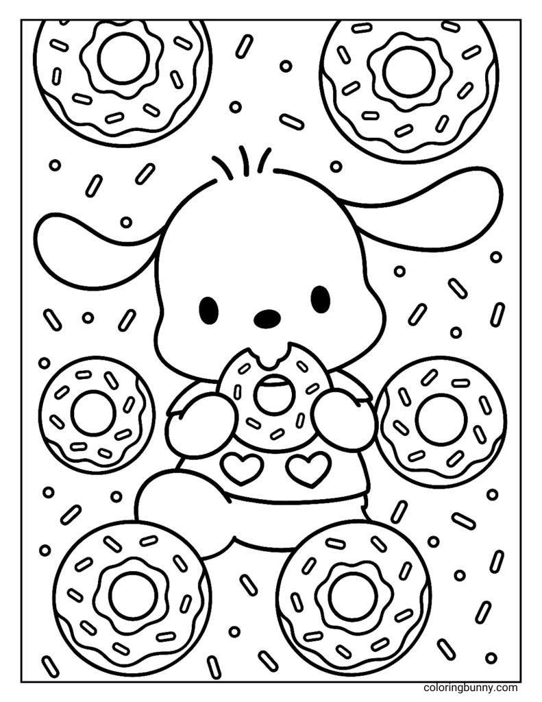 Coloring sheet of Pochacco the Sanrio puppy holding a donut with a bite taken out, while more donuts and sprinkles fill the background.
