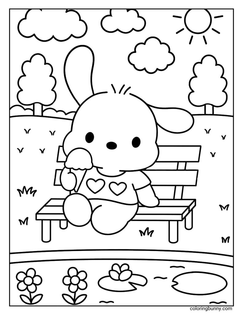 Coloring sheet of Sanrio’s Pochacco sitting on a park bench, happily eating ice cream near a pond with water lilies, flowers, trees, and a bright sun overhead.