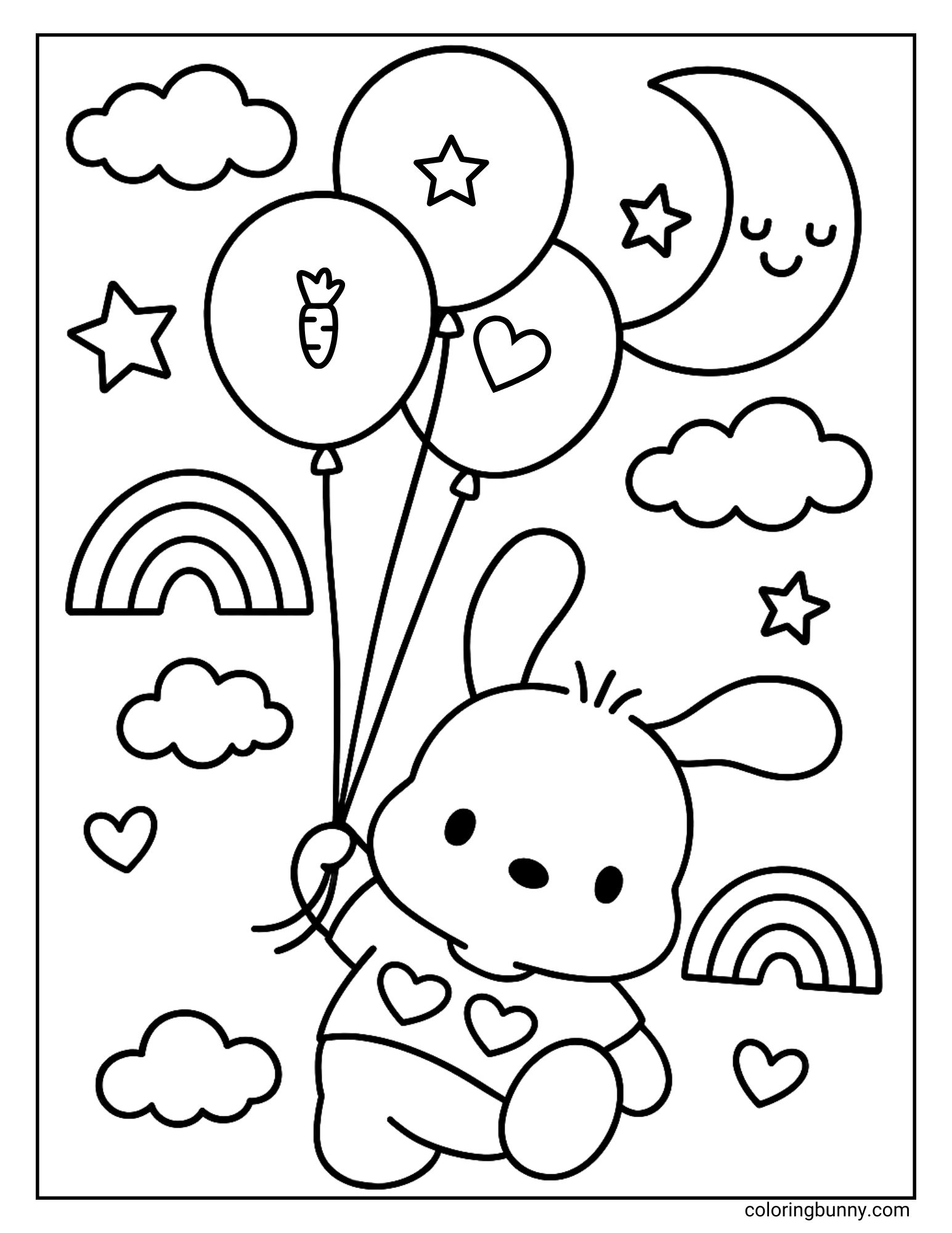 Pochacco coloring page of him floating high in the sky holding three balloons. The balloons have a carrot, a star, and a heart on them. The background features a smiling moon, stars, clouds, and rainbows.