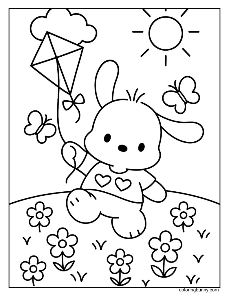 Pochacco coloring page featuring the Sanrio puppy flying a kite under a smiling sun. The scene shows him standing in a meadow filled with flowers, with butterflies flapping around.
