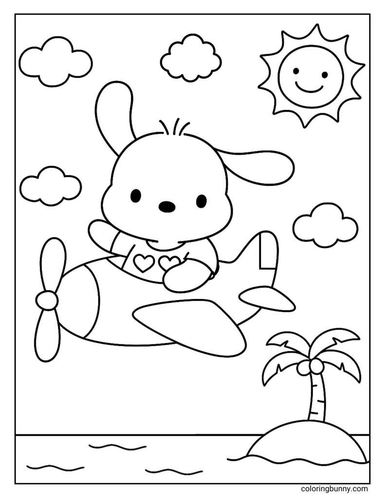 Coloring page of Sanrio’s Pochacco flying an airplane high above the ocean, with clouds, a smiling sun, and a little island with a palm tree below.