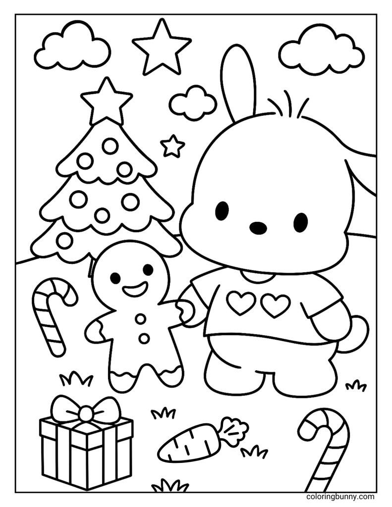 A festive Pochacco Christmas coloring page showing the Sanrio character and Hello Kitty friend, Pochacco, holding hands with a smiling gingerbread cookie. The coloring sheet features a decorated Christmas tree, candy canes, a wrapped present, and stars in the sky.