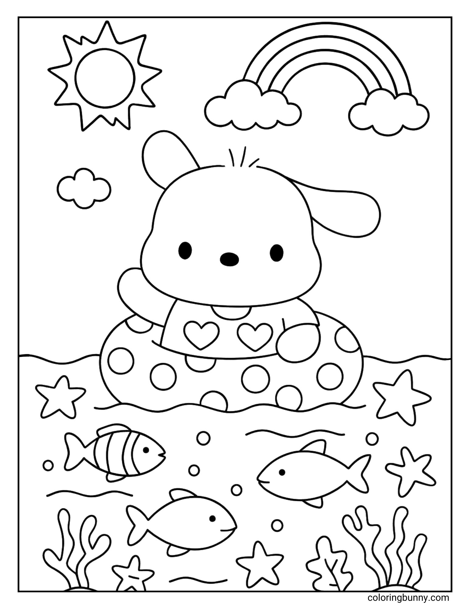 Coloring page of Pochacco in a polka-dot swim ring floating on the sea, with fish, sea stars, coral, a rainbow, and the sun overhead.