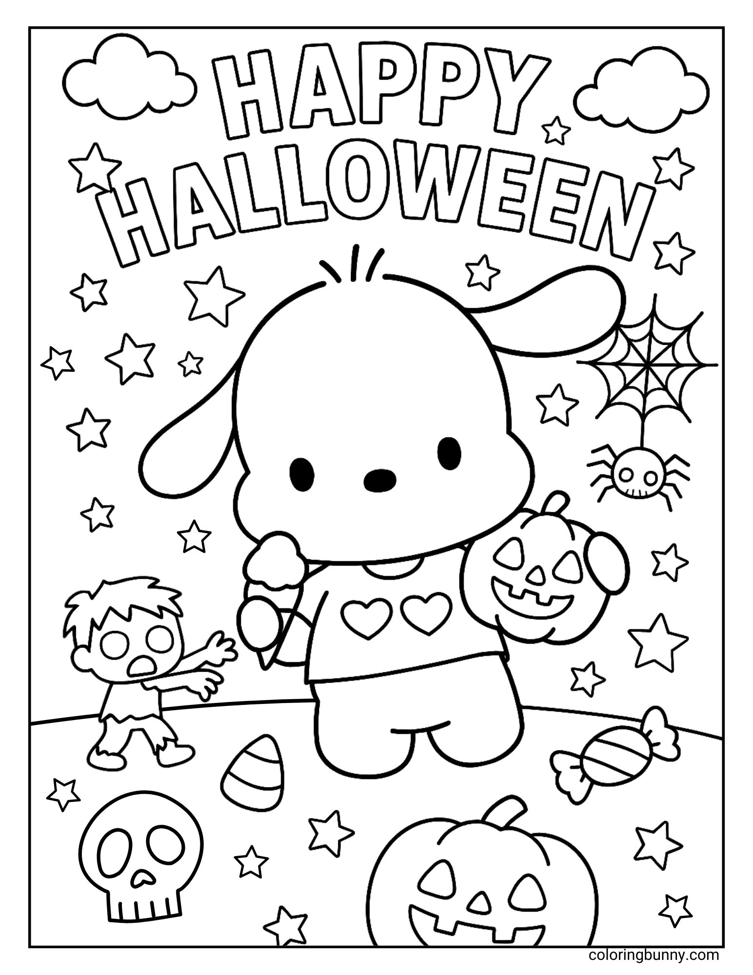 A Pochacco Halloween coloring page featuring the Sanrio pup carrying a jack-o’-lantern and holding an ice cream cone as he explores a spooky scene. Around him are jack-o’-lanterns, candy, a skull, and a zombie stumbling toward him. A spider dangles from its web in the corner while stars twinkle in the night sky.