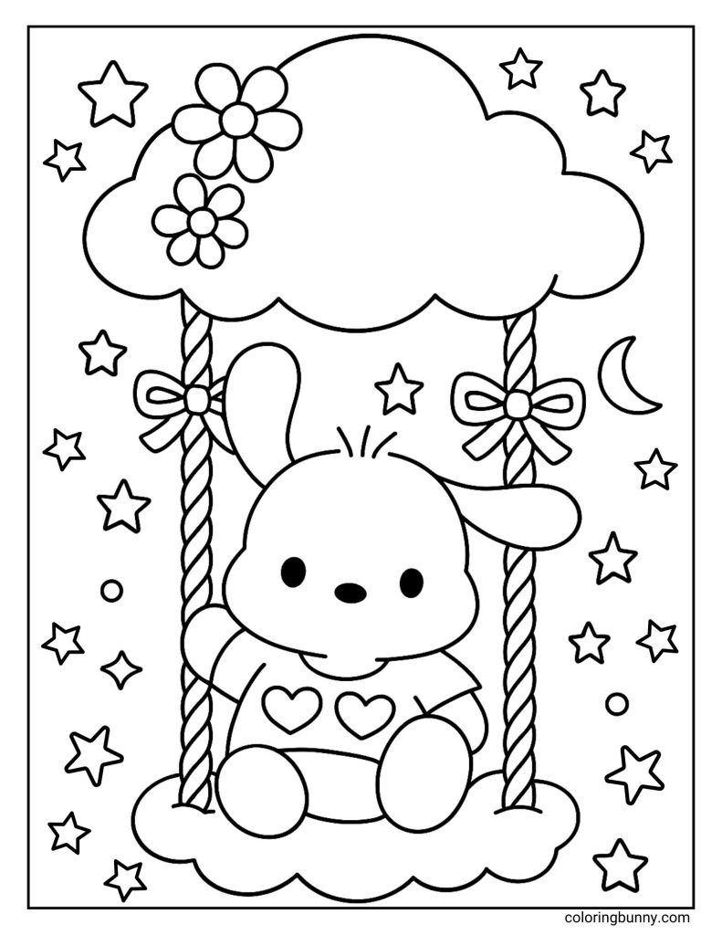 Pochacco coloring page of Pochacco sitting on a cloud swing decorated with bows and flowers, surrounded by stars and a crescent moon.