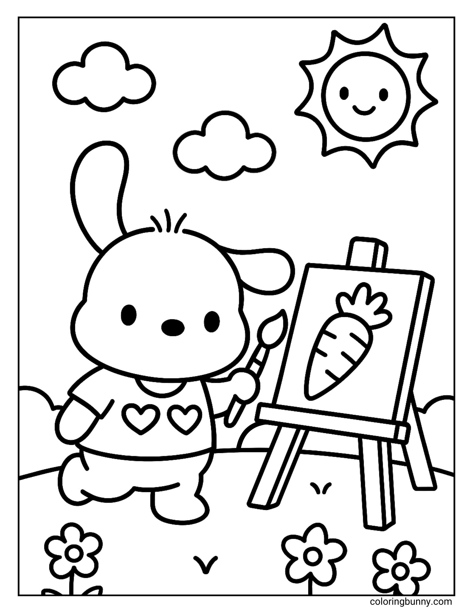 Coloring page of Pochacco holding a paintbrush and painting a carrot on an easel outdoors, with flowers, clouds, and a smiling sun in the sky.
