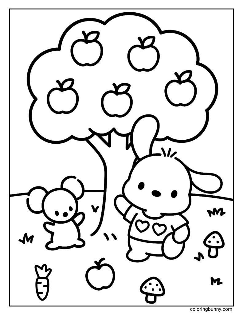 Coloring page of Pochacco and Choppy standing under an apple tree with five apples, mushrooms, a carrot, and an apple on the ground.
