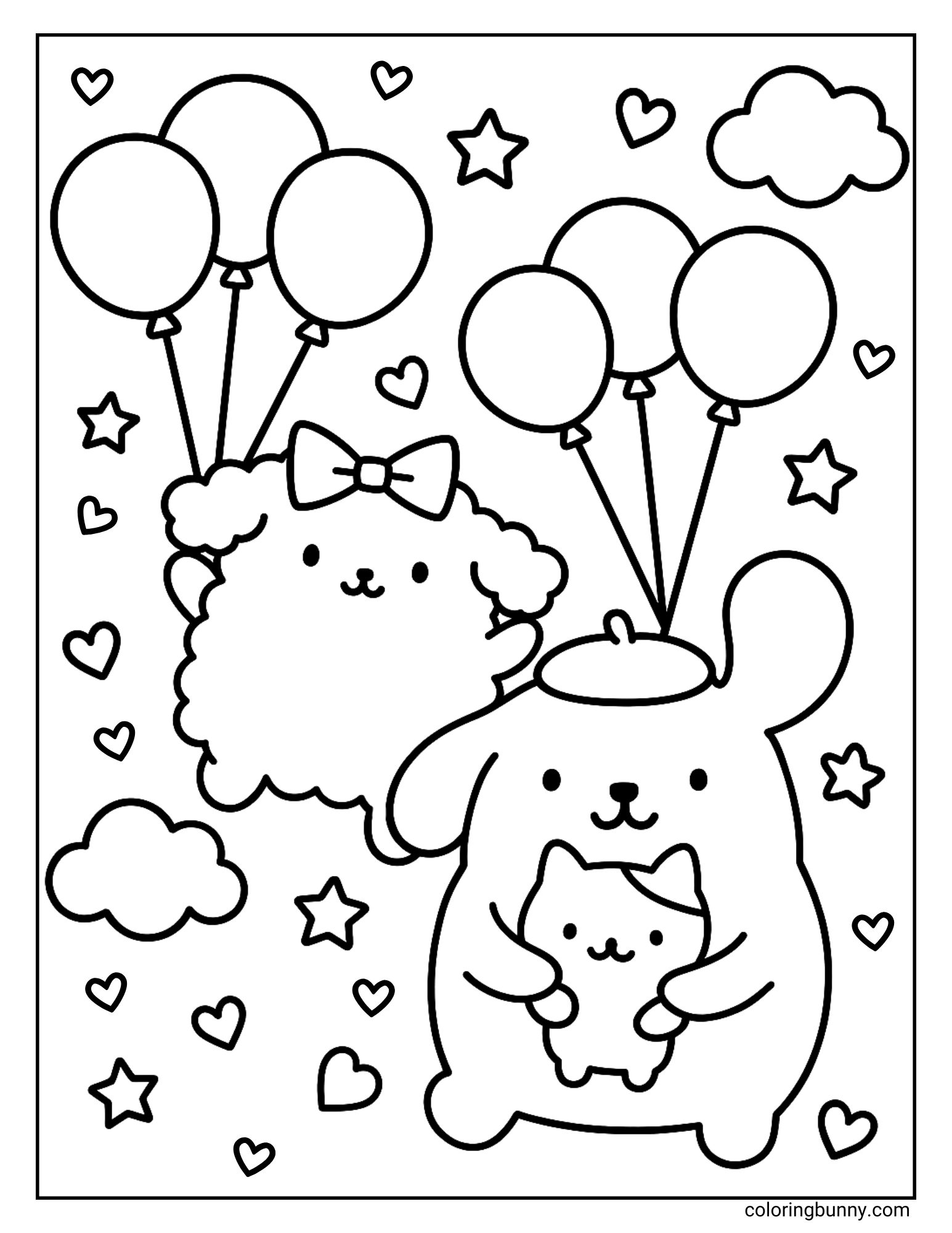 A Pompompurin coloring page with Pompompurin holding Muffin and Macaroon flying beside them with balloons. The background is filled with stars, hearts, and fluffy clouds, creating a light and cheerful sky adventure scene.