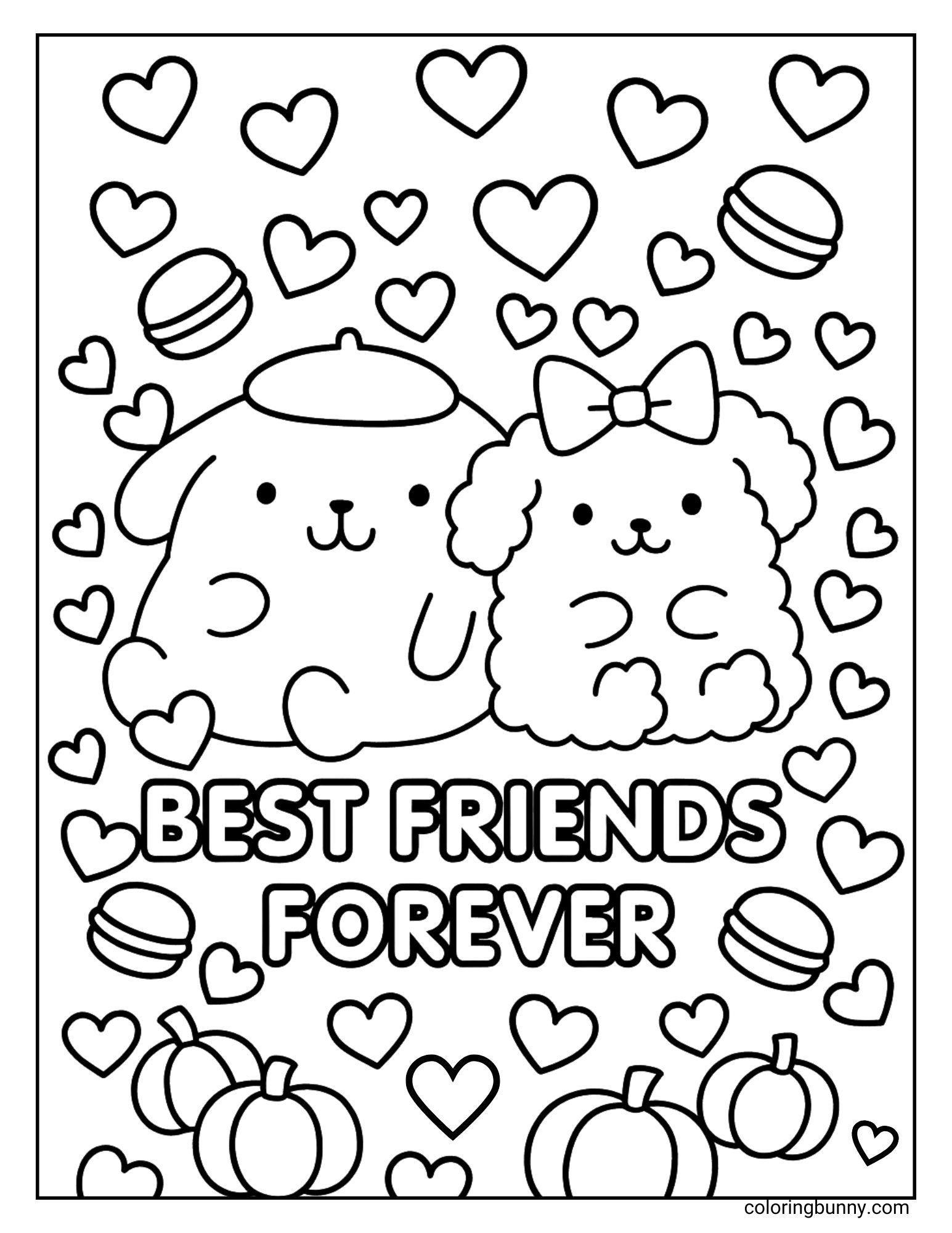 Coloring sheet of Pompompurin and Macaroon sitting side by side with “Best Friends Forever” written below them, surrounded by floating hearts, macarons, and pumpkins, making a sweet and cheerful friendship scene.